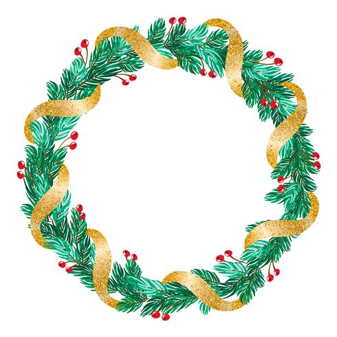 green Christmas vector wreath with golden ribbon and decorations on white background with place for text