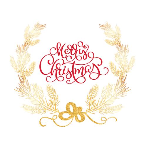 Merry Christmas text and fir tree border vector illustration. Realistic cedar branches, frame isolated on white. Calligraphy lettering handwritten