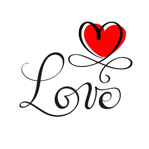 LOVE original custom hand lettering, handmade calligraphy, design element of the red heart flourish vector