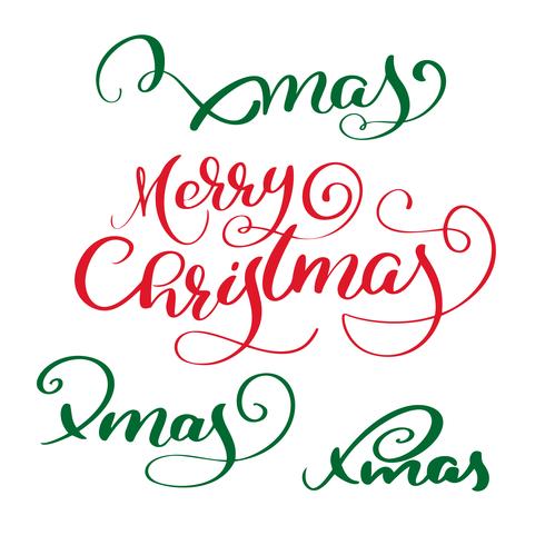 El texto caligráfico de las letras del vector rojo de la Feliz Navidad y el sistema de Navidad ponen verde el texto para las tarjetas de felicitación del diseño. Cartel de regalo de saludo de vacaciones. Caligrafía moderna de fuentes