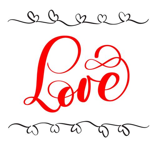 caligrafía roja letras palabra amor. Tarjeta de feliz día de San Valentín. Divertida tipografía con tinta de pincel para superposiciones de fotos, estampado de camisetas, diseño de póster vector