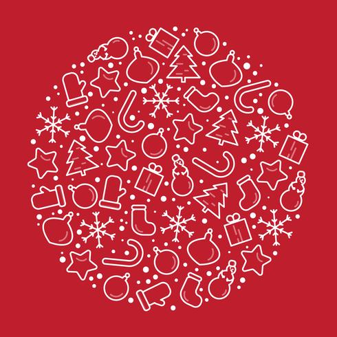 Christmas Icons assembled in the form of a ball on a red background. Vector illustration