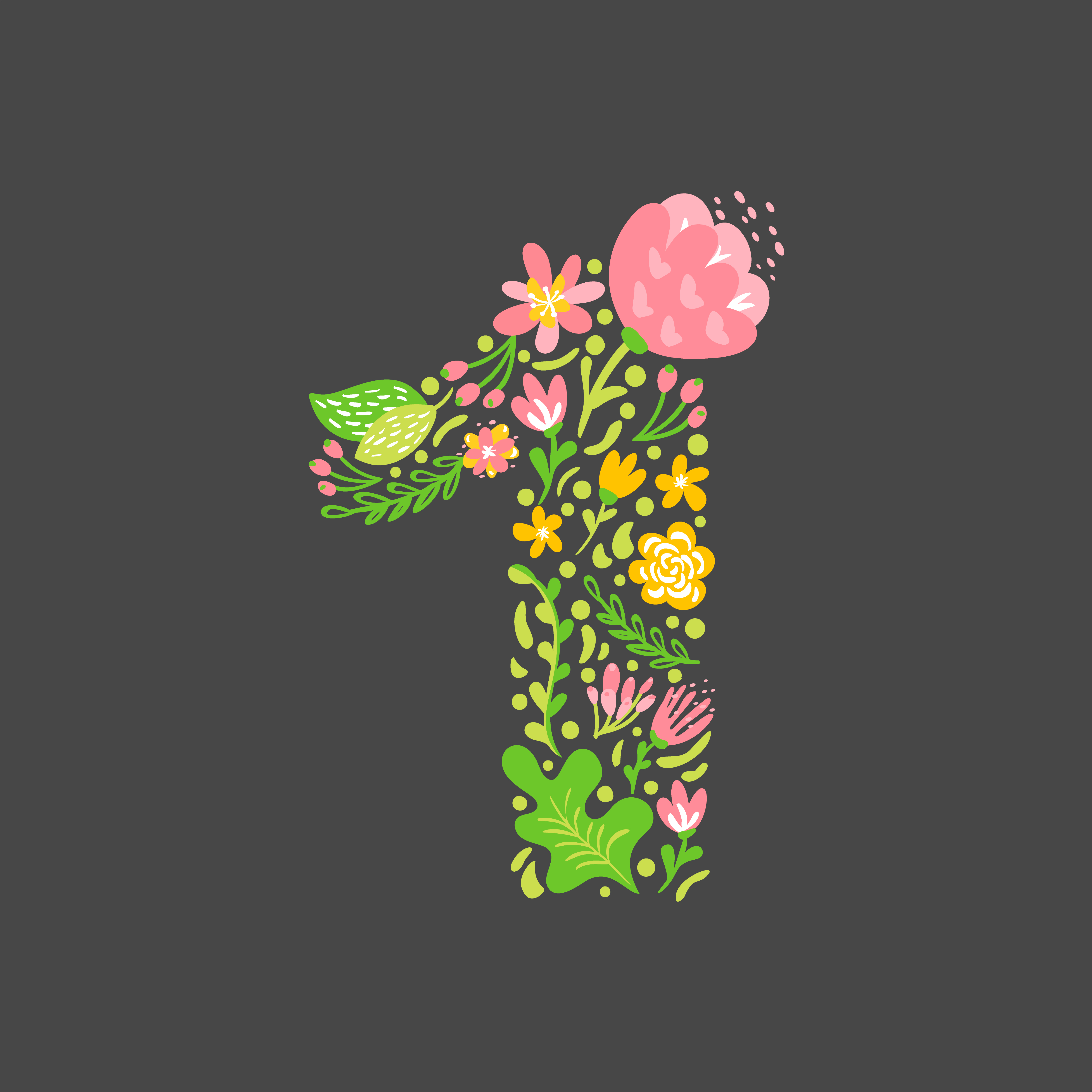 Floral summer Number 1 one. Flower Capital wedding Uppercase Alphabet
