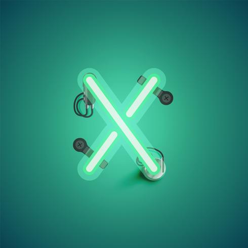 Green realistic neon character with wires and console from a fontset, vector illustration