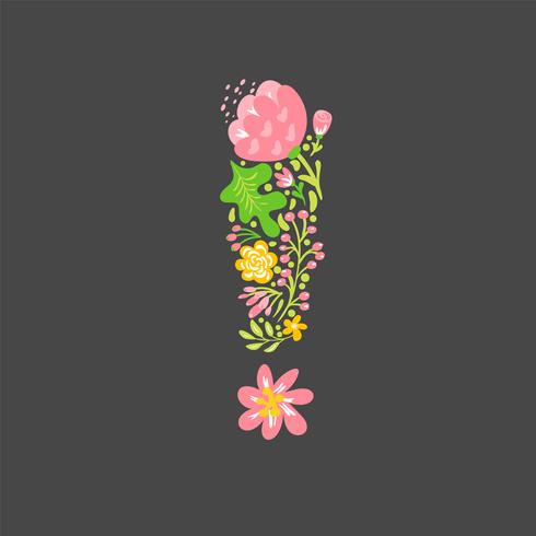 Floral summer exclamation mark. Flower Capital wedding Alphabet. Colorful font with flowers and leaves. Vector illustration folk style