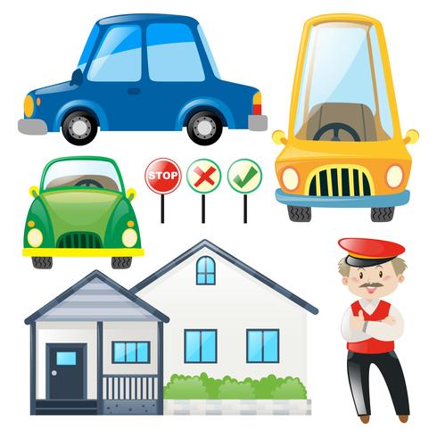 Set of cars and house vector