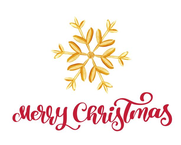 Merry Christmas red Calligraphy Lettering text and gold snowflake. Vector illustration