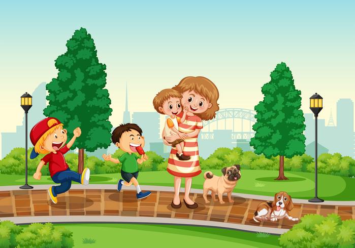 Mother and children at the park vector