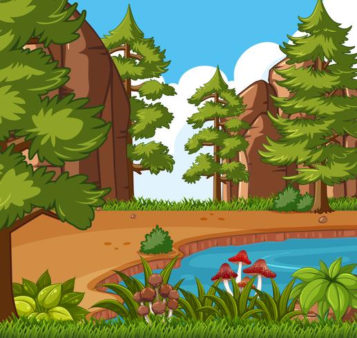 Escena de fondo con una pequeña piscina en el bosque vector