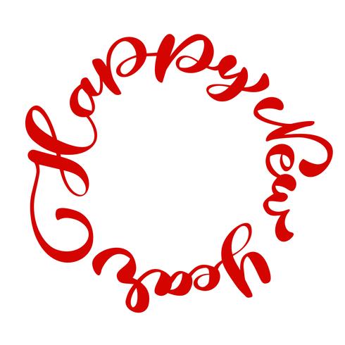 Feliz año nuevo texto de letras a mano escrito en un círculo. Vector hecho a mano de Navidad caligrafía EPS. Decoración para tarjeta de felicitación.