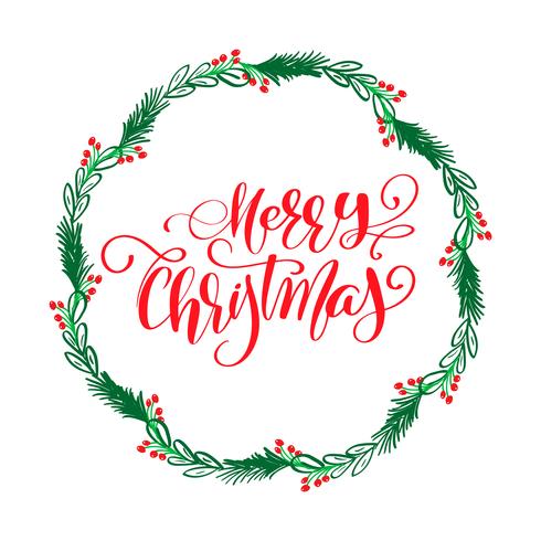 Merry Christmas Calligraphy Lettering text and a wreath with fir tree branches. Vector illustration