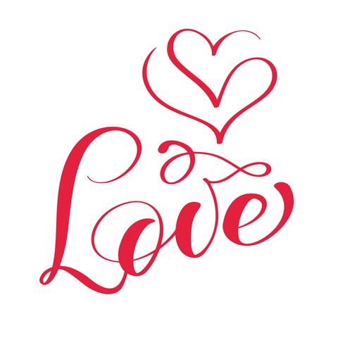 Palabra roja del vector de las letras de la caligrafía del amor con el logotipo de corazones. Tarjeta de feliz día de San Valentín. Divertida tipografía con tinta de pincel para superposiciones de fotos, estampado de camisetas, diseño de póster
