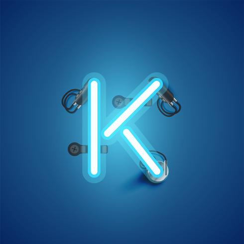 Blue realistic neon character with wires and console from a fontset, vector illustration