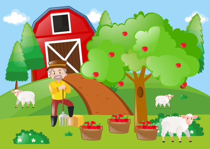 Farmer standing by the apple tree in the farm vector