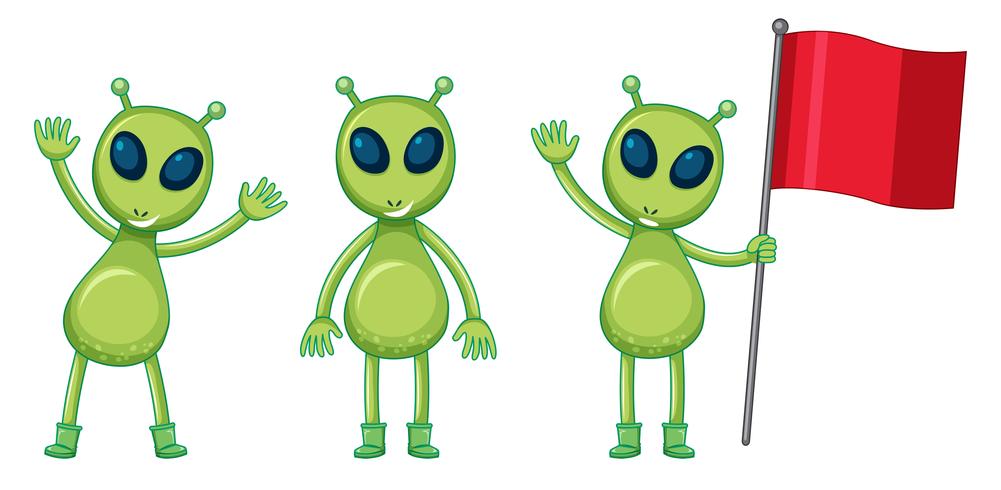 Three green aliens with red flag vector