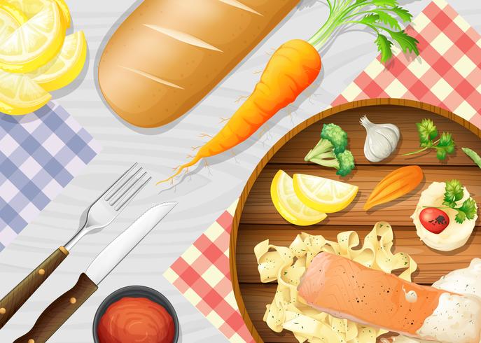 A Healthy Salmon Pasta on Table vector