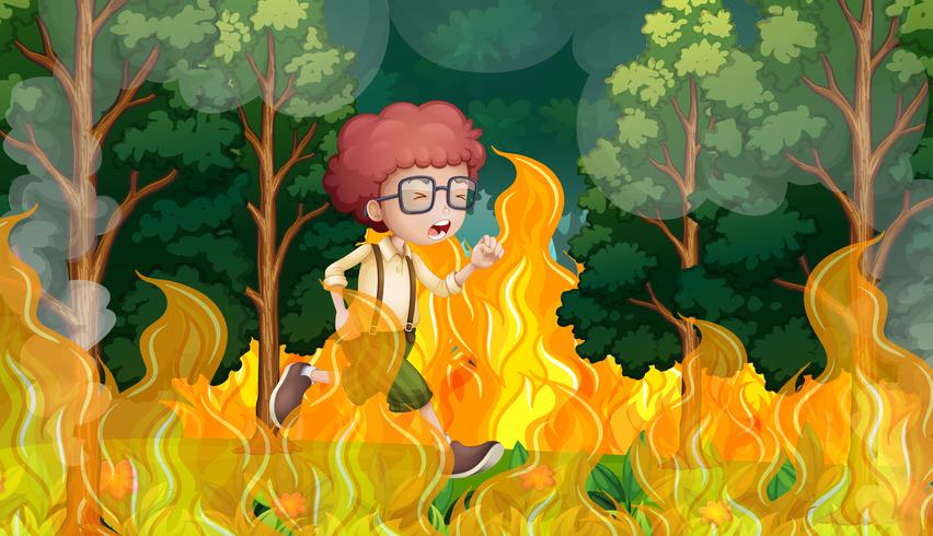 Un niño huido de un incendio forestal. vector