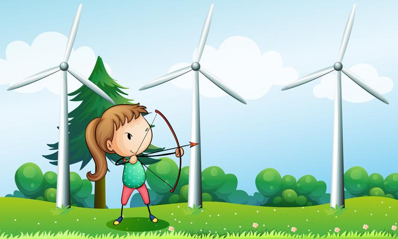 A girl with an archer near the windmills vector