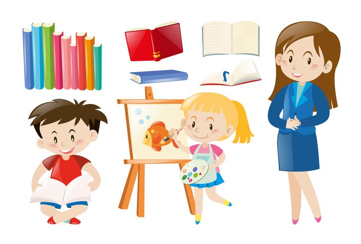 Teacher and students with school objects vector