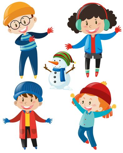 Niños y niñas en ropa de invierno. vector