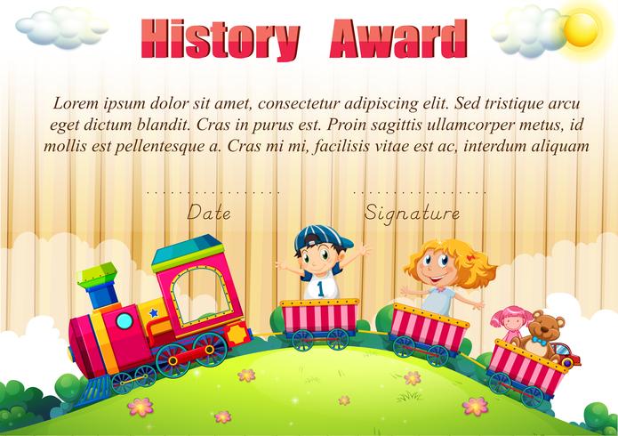 Plantilla de certificado con niños en el tren. vector