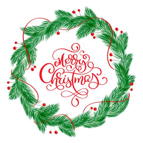 Merry Christmas Calligraphy Lettering text and a wreath with fir tree branches. Vector illustration