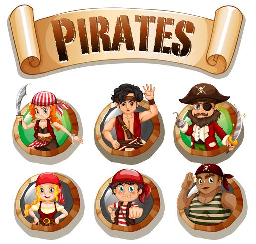 Piratas en insignias redondas vector