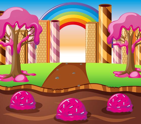 Scene with chocolate river and strawberry cream tree vector