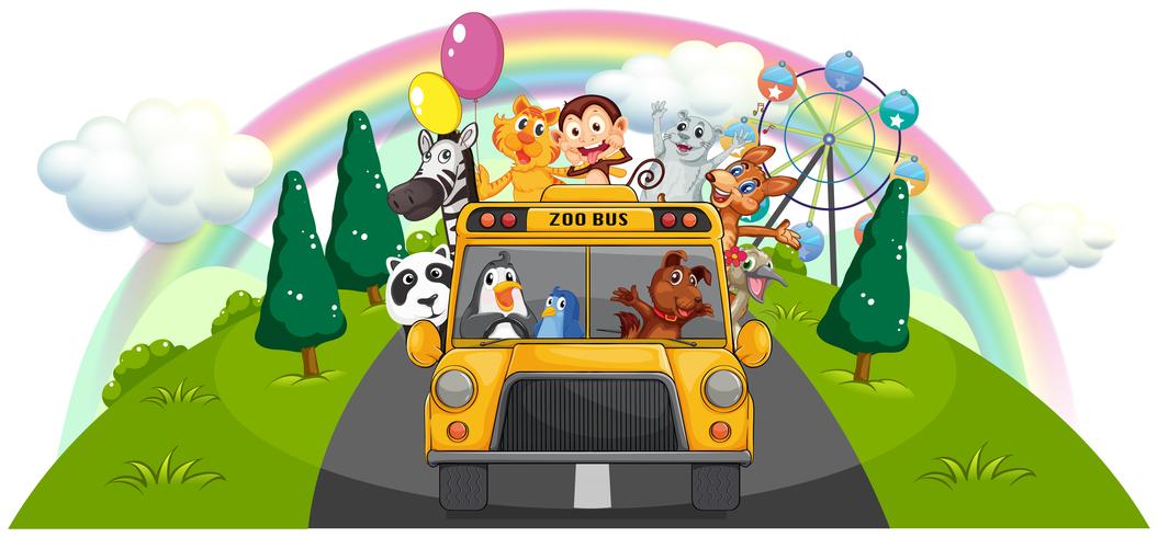 A yellow zoo bus at the road vector