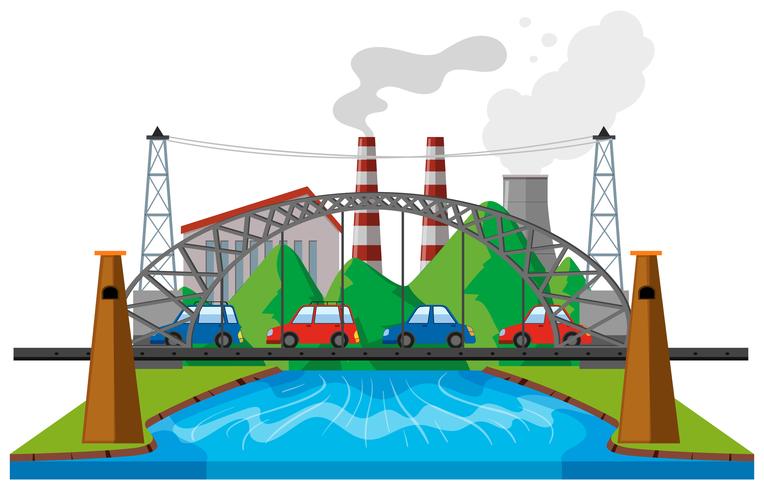 Escena de la ciudad con los coches en el puente vector