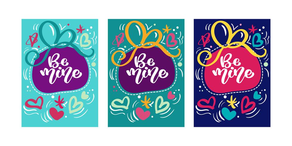 Text Be mine for Valentines day greeting card set with hearts. Gift tags. Hand drawn hearts. Design for valentine and wedding. Memphis style vector