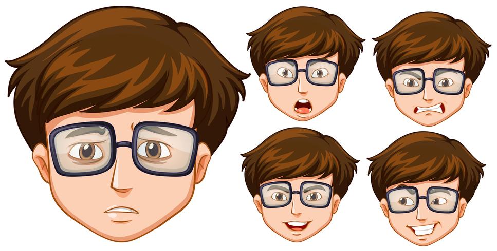 Hombre con cinco expresiones faciales diferentes. vector