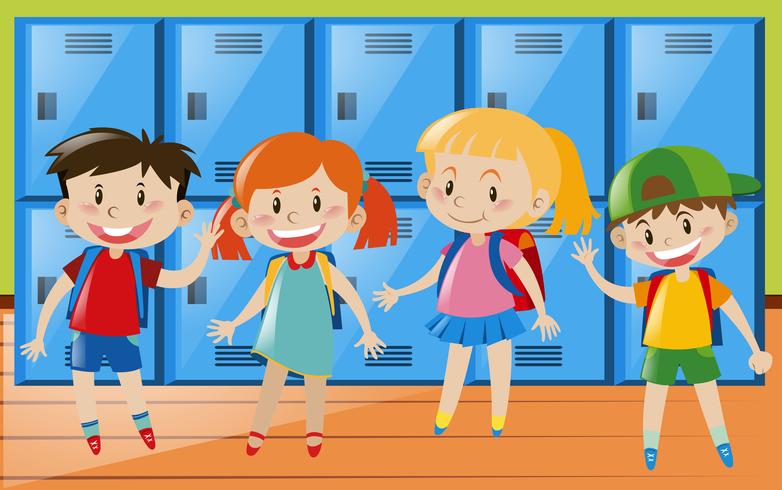 Four children in locker room vector