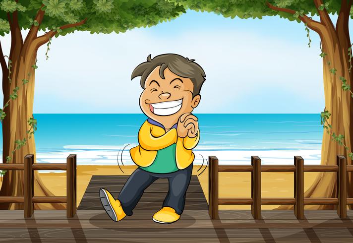 Un niño sonriente y una playa vector