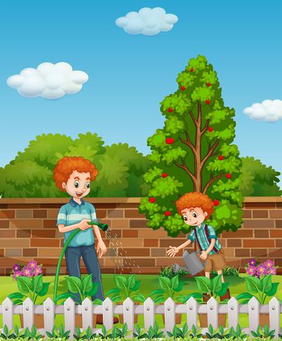 Father and son watering plants in the garden vector