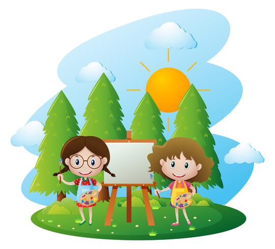 Two girls painting on canvas in garden vector