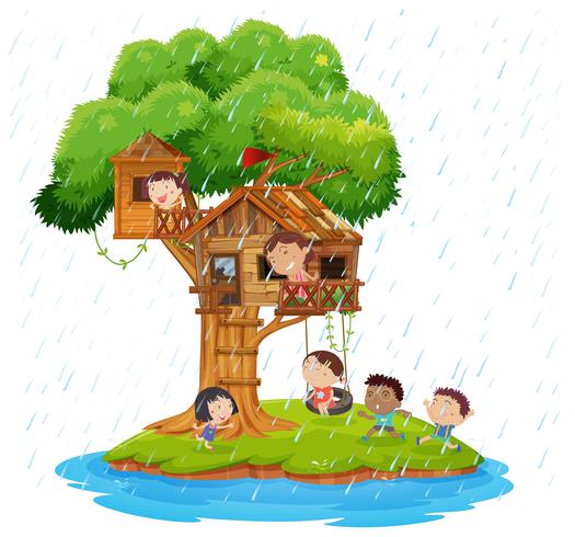 Niños jugando en la casa del árbol en la isla. vector