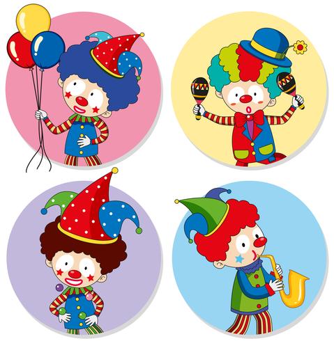 Four sticker template with clowns and balloons vector