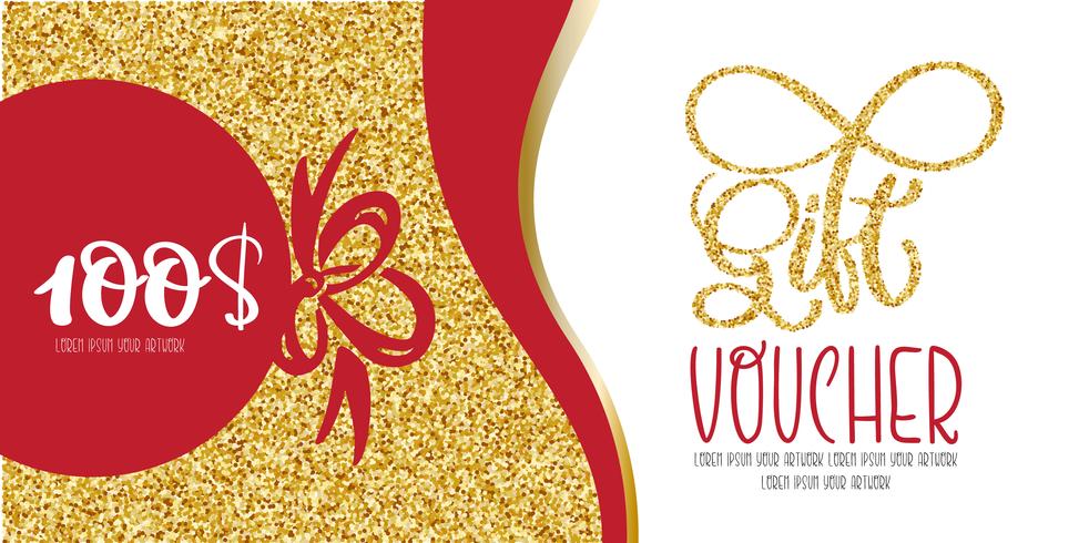 Voucher template with gold gift box certificate. Background design coupon invitation currency. Vector illustration