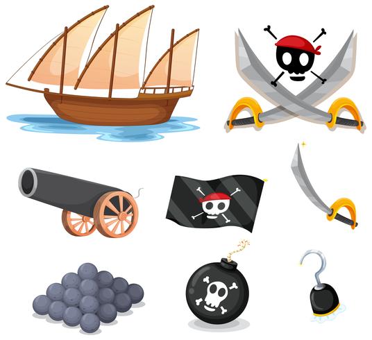 Pirate set with sailboat and weapons vector