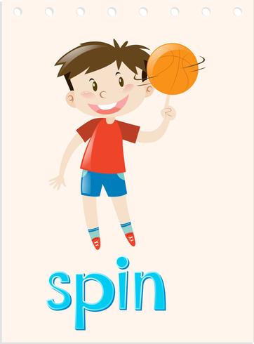 Action wordcard with boy spinning ball vector