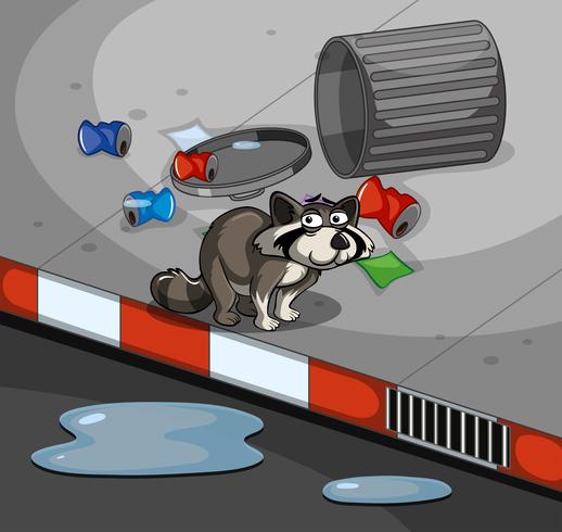 Raccoon and trashcan on the sidewalk vector