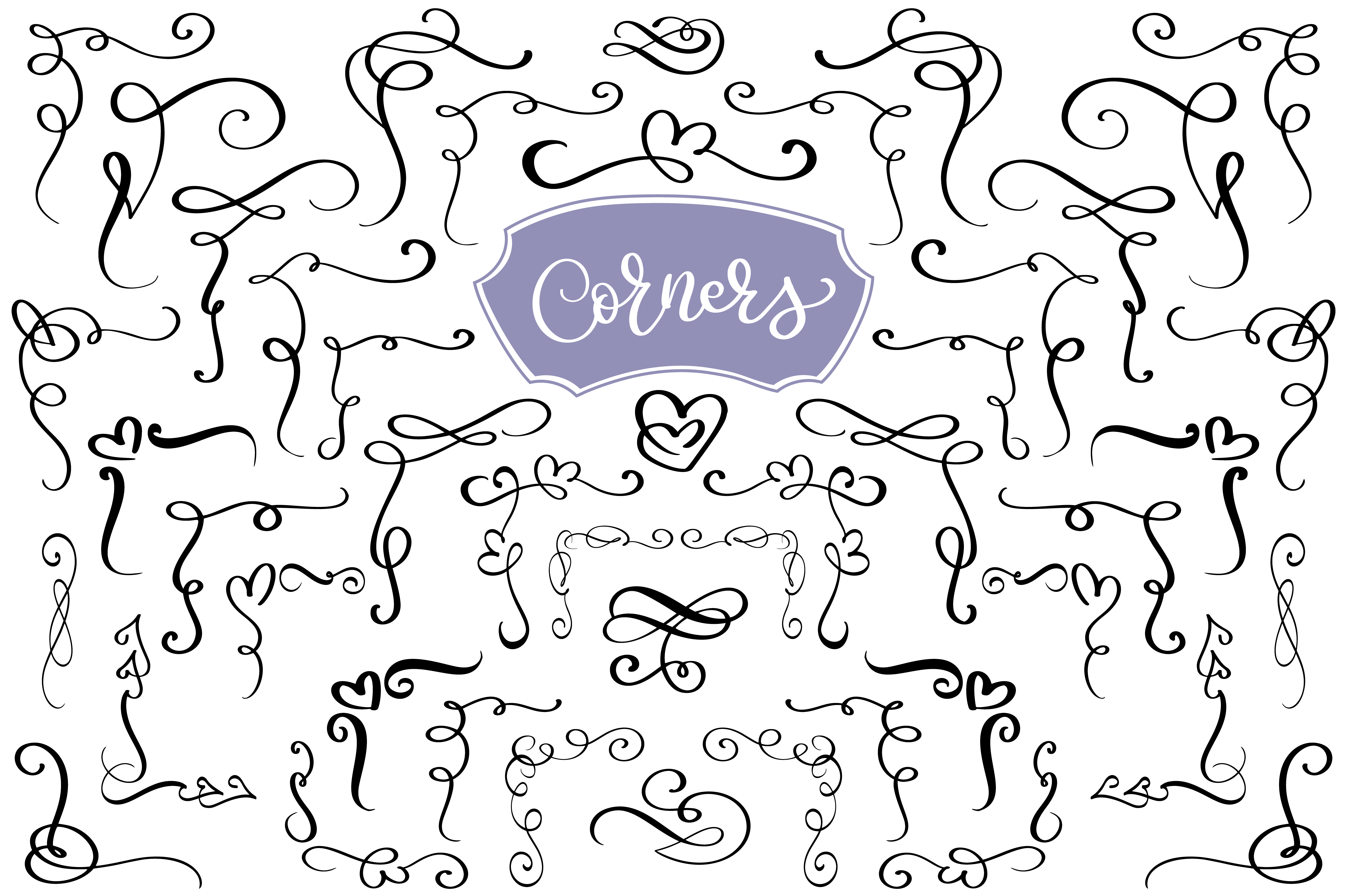 Hand drawn swirl and flourish love corners in the shape of a heart