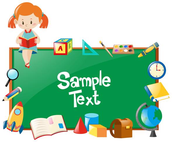 Frame design with girl reading book and school objects vector