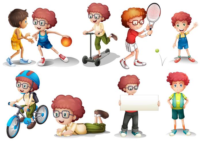 Boy with curly hair in diffrent actions vector