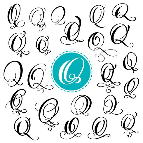 Set letter Q. Hand drawn vector flourish calligraphy. Script font. Isolated letters written with ink. Handwritten brush style. Hand lettering for logos packaging design poster