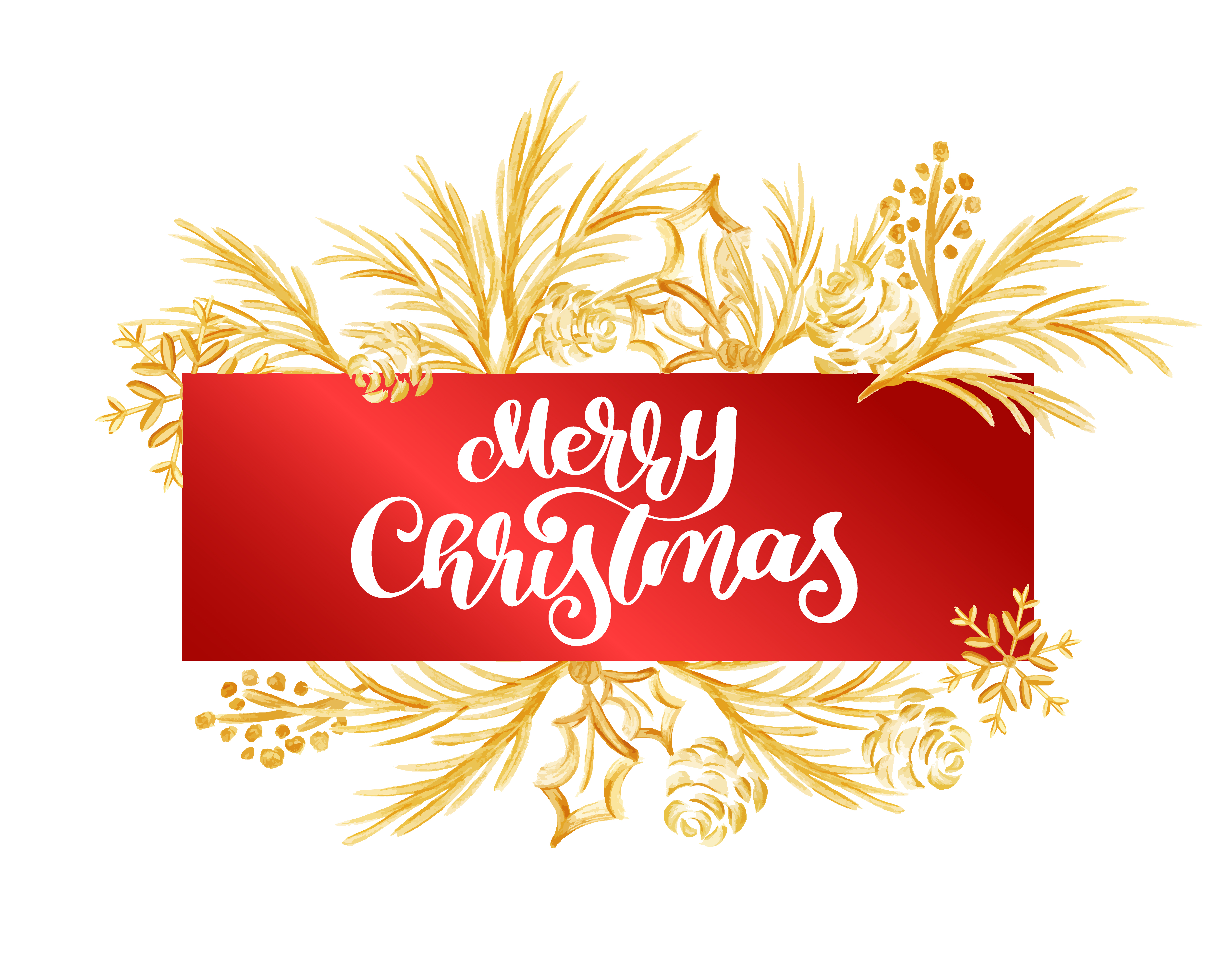 Text Merry Christmas on a red tag on the background of a gold branch