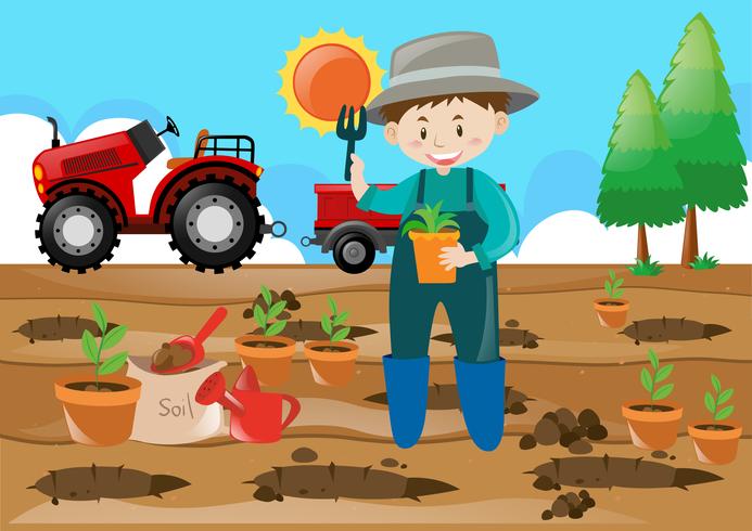 Farm scene farmer planting tree in the field vector