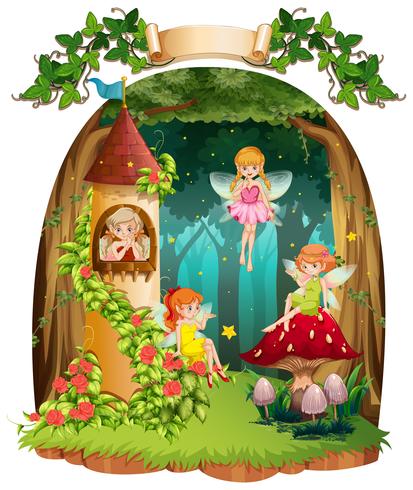Four fairies flying in the forest vector