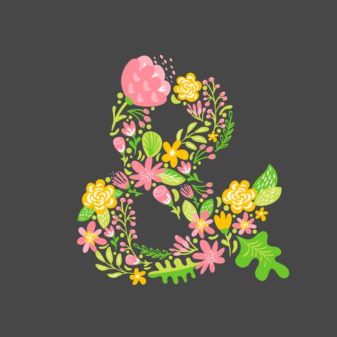 Ampersand floral de verano. Alfabeto capital de la boda de la flor. Fuente colorida con flores y hojas. Ilustración vectorial estilo escandinavo. vector